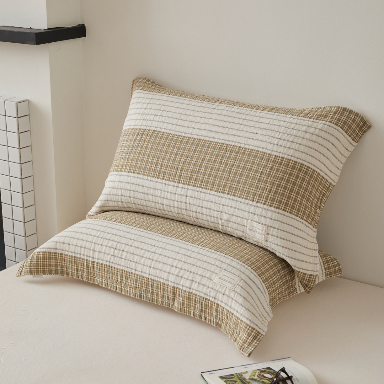 91家纺网 家纺一手货源 找家纺 百寐 2026年3月全棉A类色织枕巾52*75条纹格子美拉德色系纯棉吸汗枕巾 色织-双拼米格