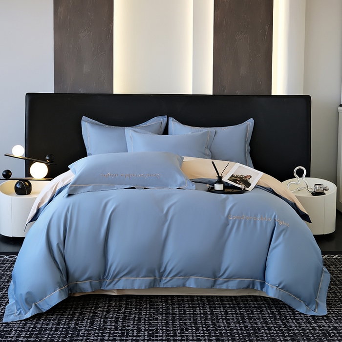 91家纺网 家纺一手货源 找家纺 女子家纺 2026新款A类全棉长绒棉双拼四件套刺绣轻奢床上用品-原素 宾利蓝