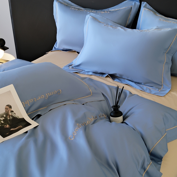 91家纺网 家纺一手货源 找家纺 女子家纺 2026新款A类全棉长绒棉双拼四件套刺绣轻奢床上用品-原素 宾利蓝