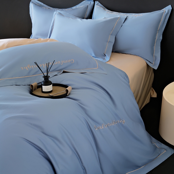 91家纺网 家纺一手货源 找家纺 女子家纺 2026新款A类全棉长绒棉双拼四件套刺绣轻奢床上用品-原素 宾利蓝