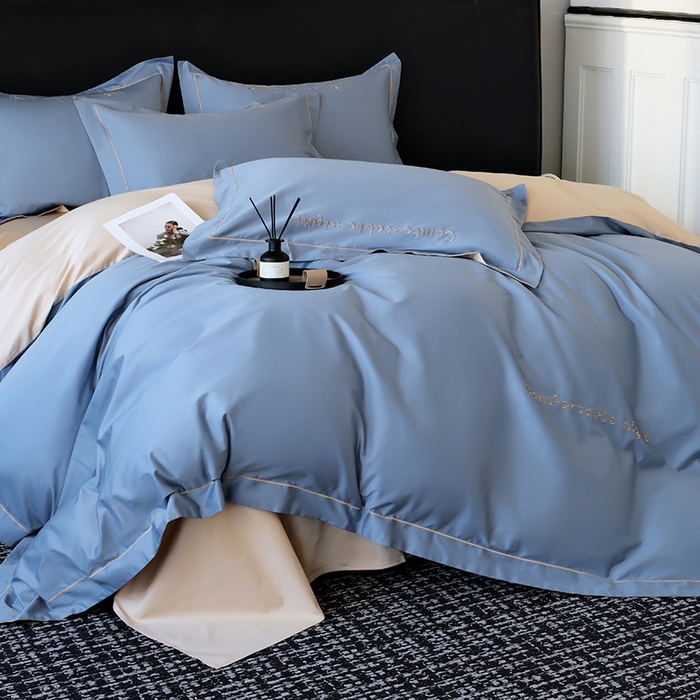 91家纺网 家纺一手货源 找家纺 女子家纺 2026新款A类全棉长绒棉双拼四件套刺绣轻奢床上用品-原素 宾利蓝