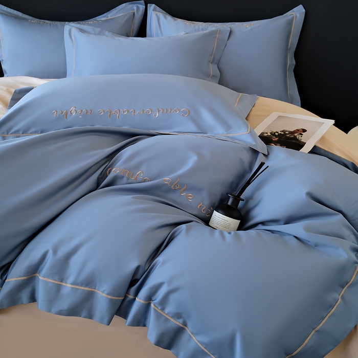 91家纺网 家纺一手货源 找家纺 女子家纺 2026新款A类全棉长绒棉双拼四件套刺绣轻奢床上用品-原素 宾利蓝