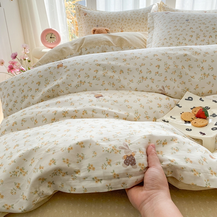 91家纺网 家纺一手货源 找家纺 钰锦珀家纺 2026新款全棉纯棉印花四件套 花屿兔兔-桔