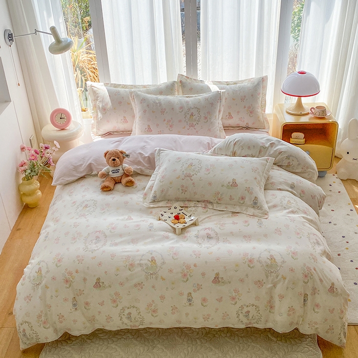 91家纺网 家纺一手货源 找家纺 钰锦珀家纺 2026新款全棉纯棉印花四件套 浅色童话