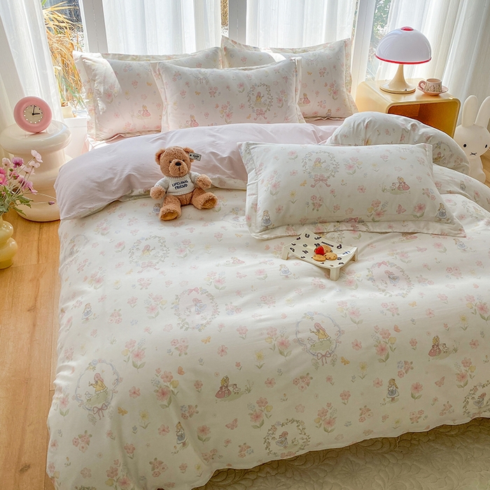 91家纺网 家纺一手货源 找家纺 钰锦珀家纺 2026新款全棉纯棉印花四件套 浅色童话