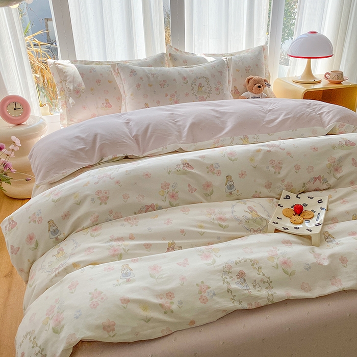 91家纺网 家纺一手货源 找家纺 钰锦珀家纺 2026新款全棉纯棉印花四件套 浅色童话