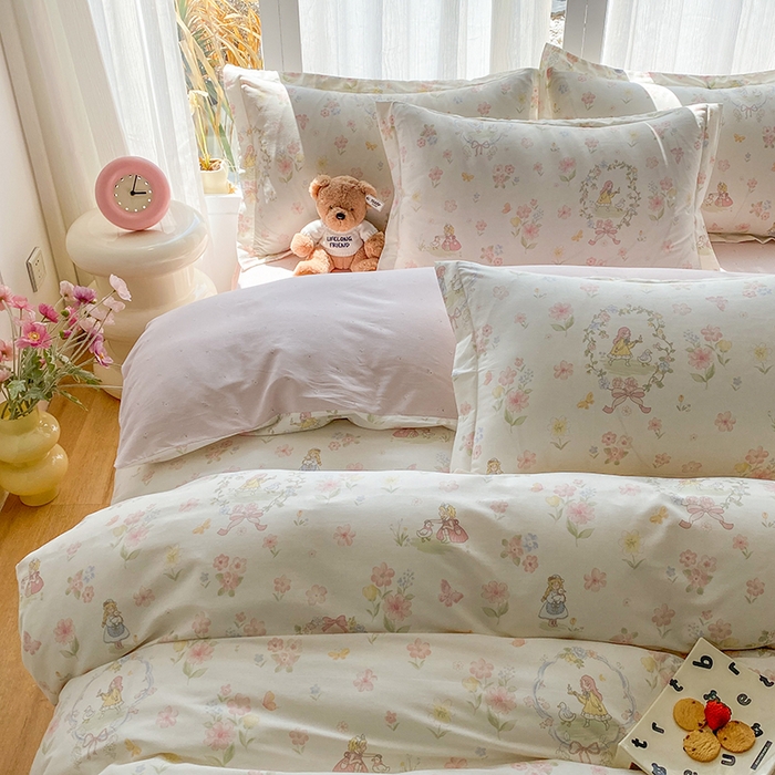 91家纺网 家纺一手货源 找家纺 钰锦珀家纺 2026新款全棉纯棉印花四件套 浅色童话