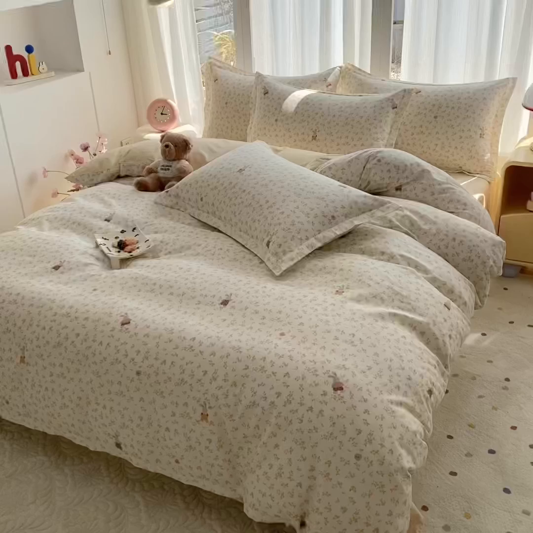 91家纺网 家纺一手货源 找家纺 钰锦珀家纺 2026新款全棉纯棉印花四件套 花屿兔兔-桔
