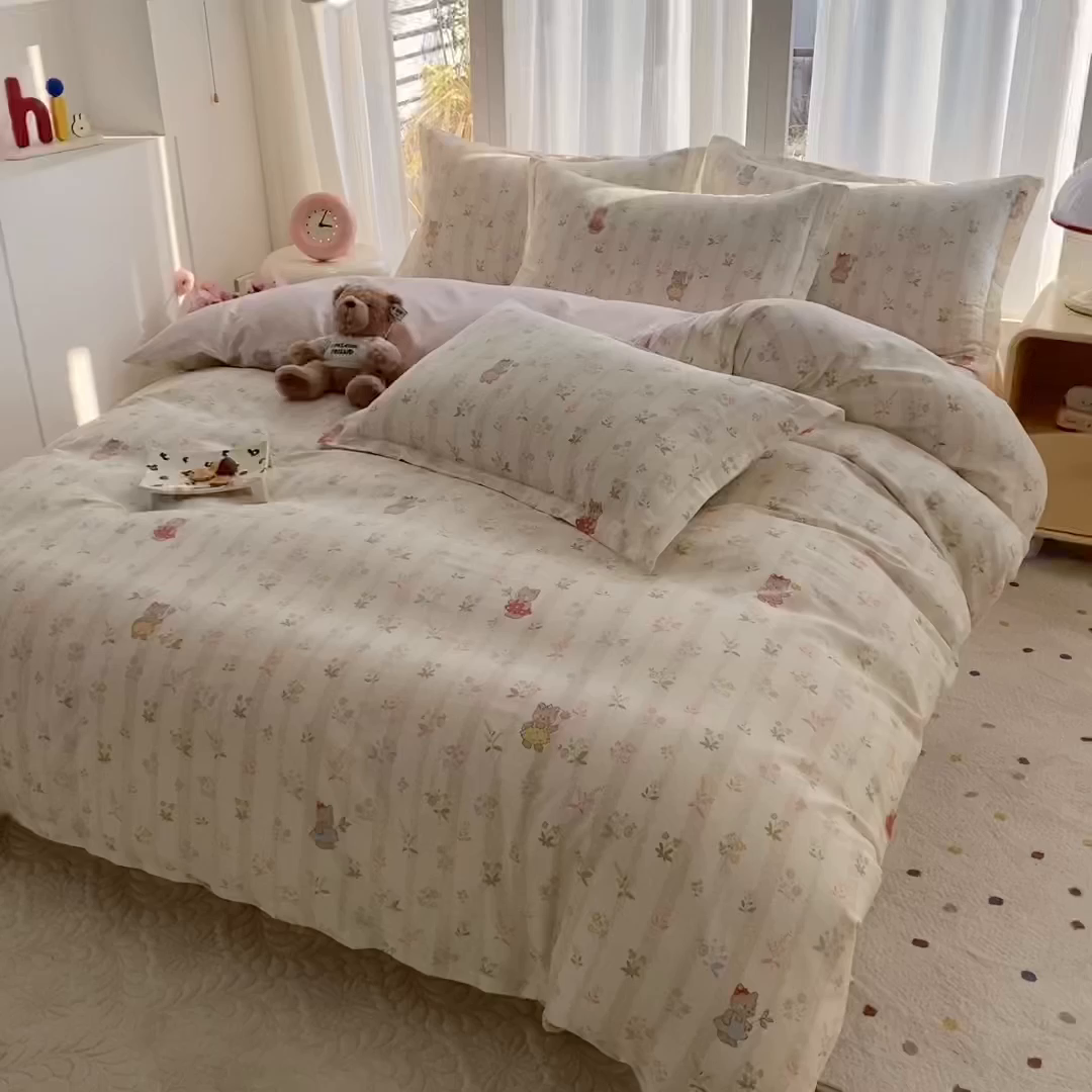 91家纺网 家纺一手货源 找家纺 钰锦珀家纺 2026新款全棉纯棉印花四件套 喵喵花