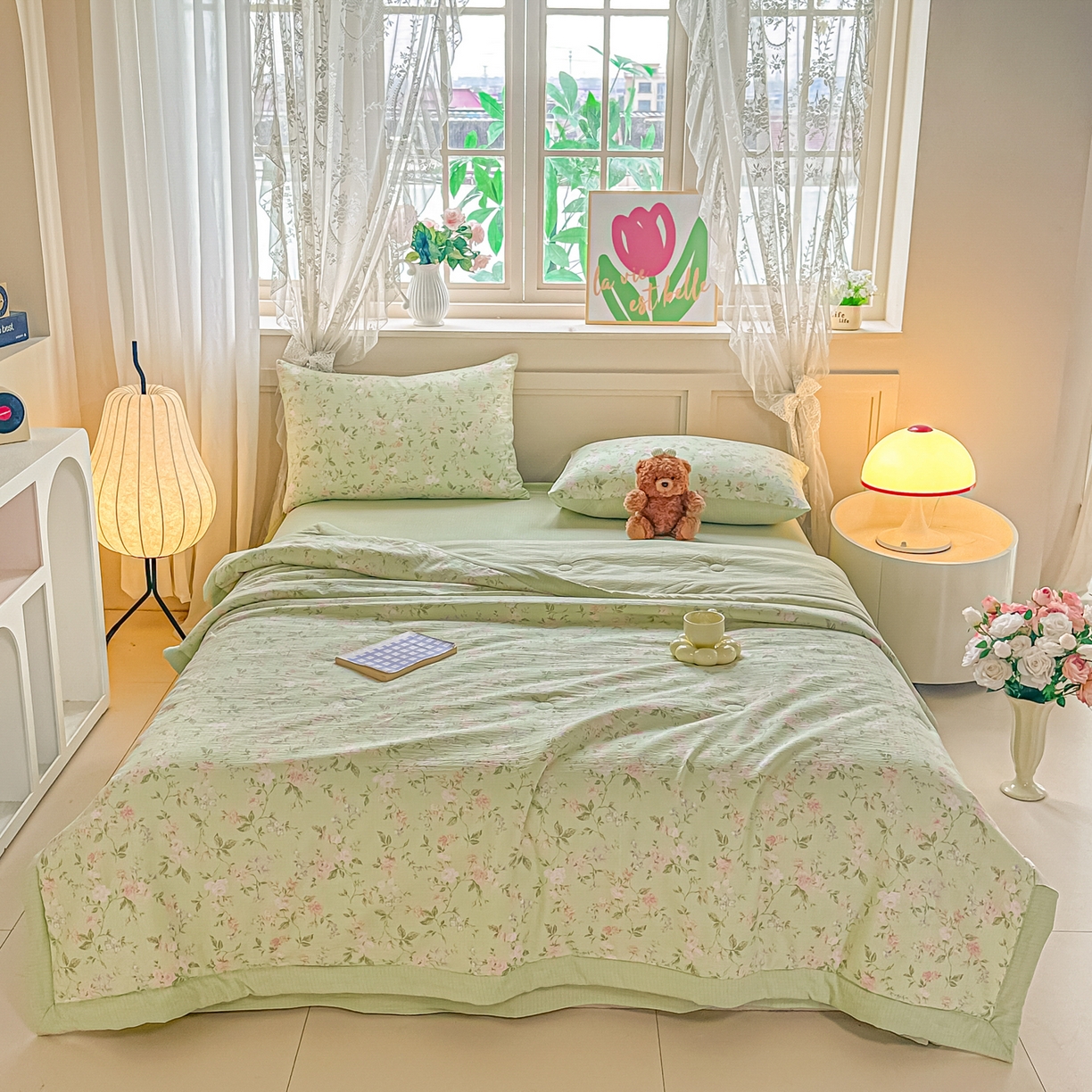 91家纺网 家纺一手货源 找家纺 秋泽家纺 2026新款A类云感双层纱大豆纤维夏凉被空调被小清新印花夏被 绿境花影