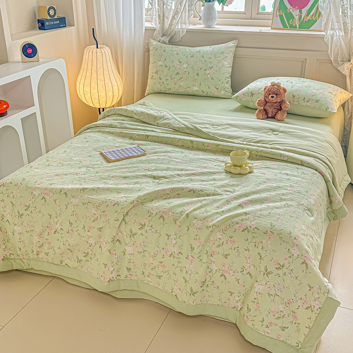 91家纺网 家纺一手货源 找家纺 秋泽家纺 2026新款A类云感双层纱大豆纤维夏凉被空调被小清新印花夏被 绿境花影