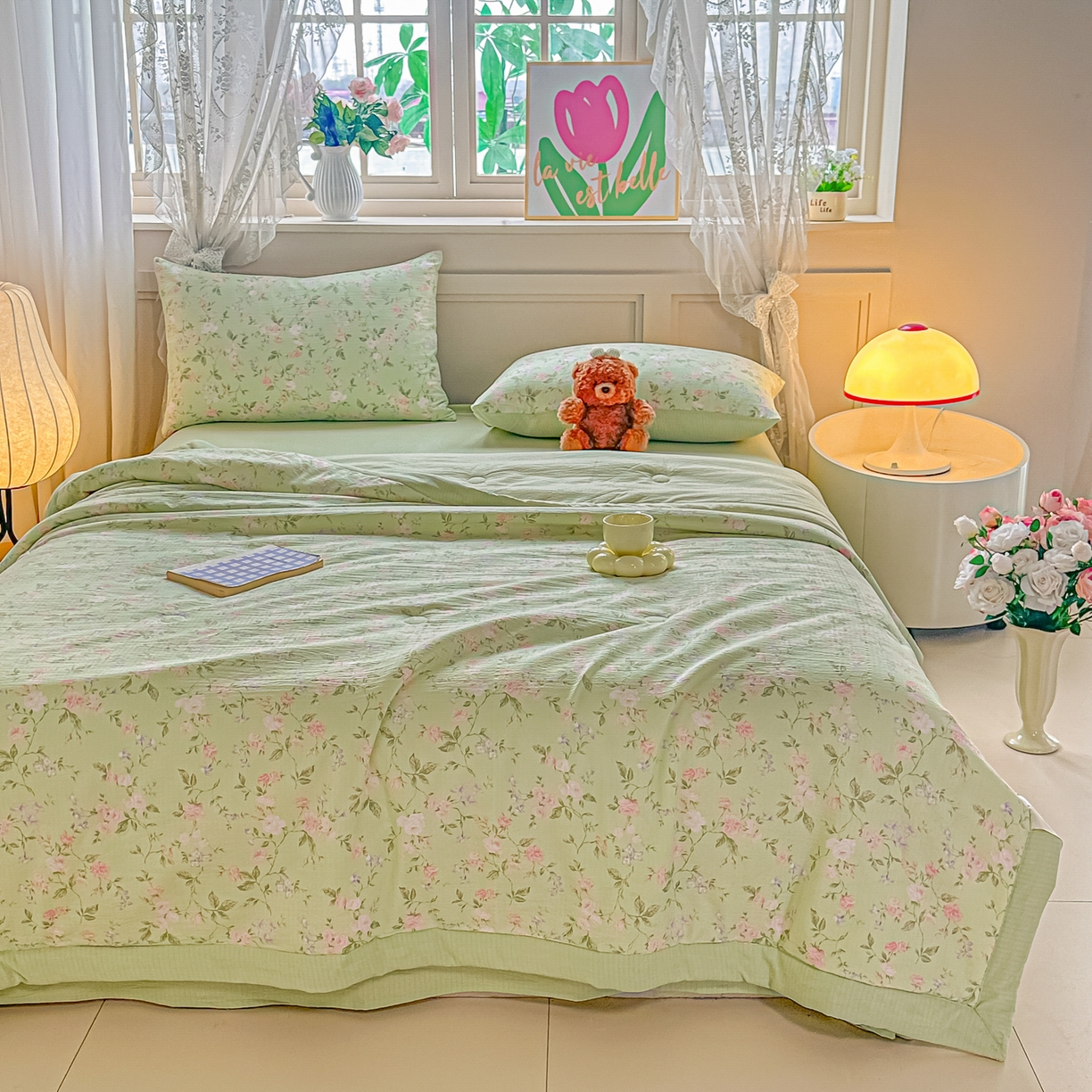 91家纺网 家纺一手货源 找家纺 秋泽家纺 2026新款A类云感双层纱大豆纤维夏凉被空调被小清新印花夏被 绿境花影