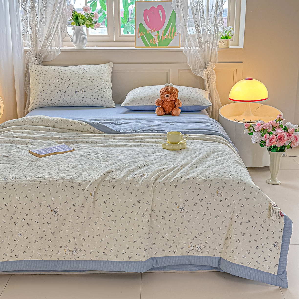 91家纺网 家纺一手货源 找家纺 秋泽家纺 2026新款A类云感双层纱大豆纤维夏凉被空调被小清新印花夏被 蓝境兔语