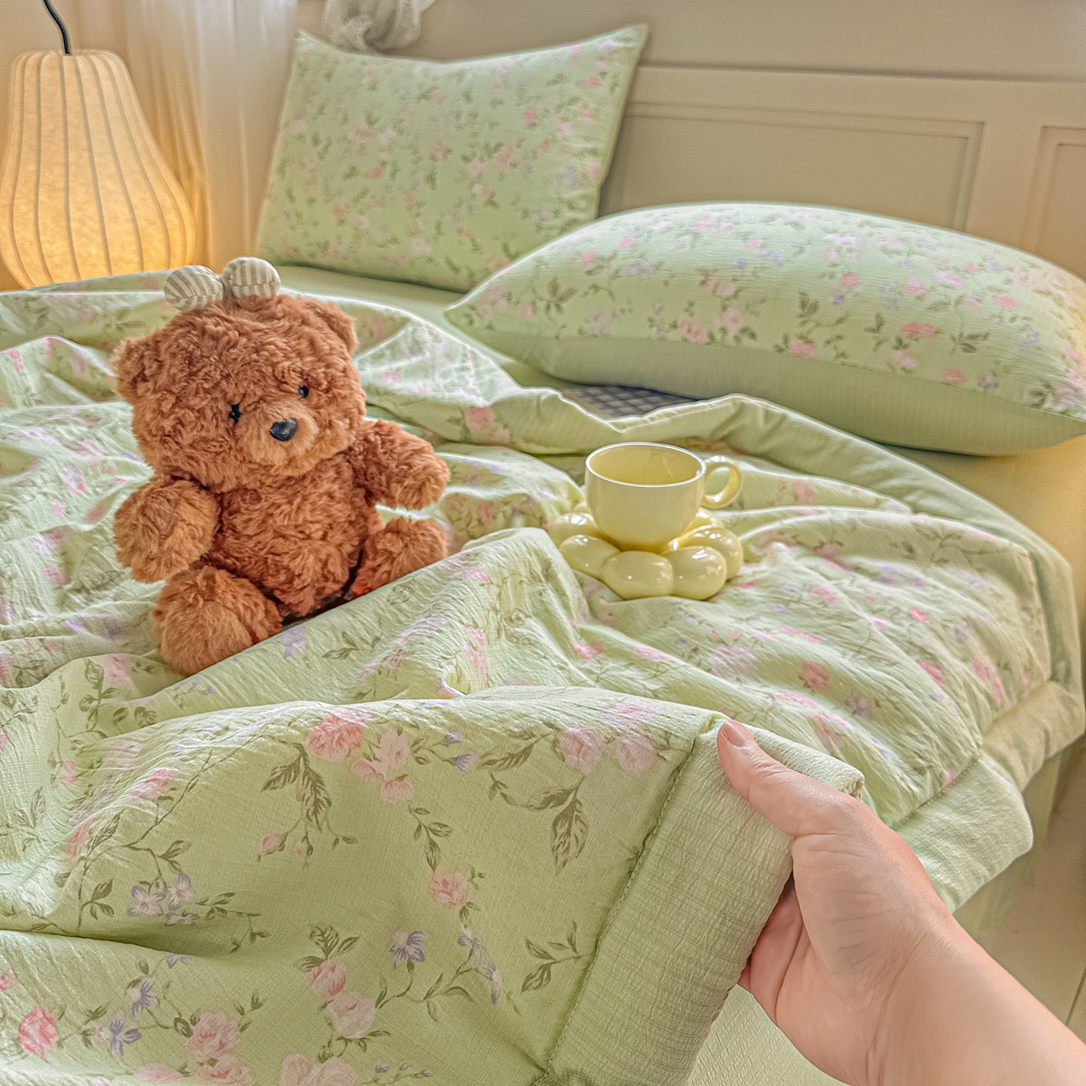 91家纺网 家纺一手货源 找家纺 秋泽家纺 2026新款A类云感双层纱大豆纤维夏凉被空调被小清新印花夏被 绿境花影