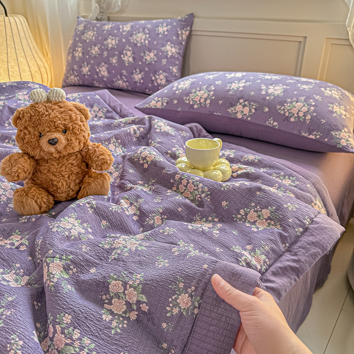 91家纺网 家纺一手货源 找家纺 秋泽家纺 2026新款A类云感双层纱大豆纤维夏凉被空调被小清新印花夏被 紫雾蔷薇