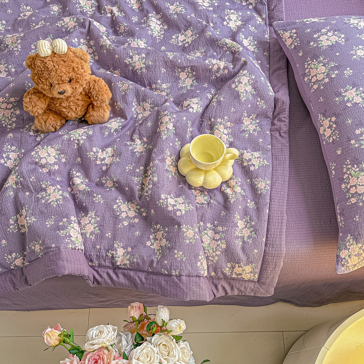 91家纺网 家纺一手货源 找家纺 秋泽家纺 2026新款A类云感双层纱大豆纤维夏凉被空调被小清新印花夏被 紫雾蔷薇