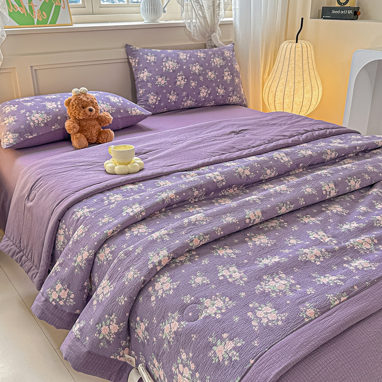 91家纺网 家纺一手货源 找家纺 秋泽家纺 2026新款A类云感双层纱大豆纤维夏凉被空调被小清新印花夏被 紫雾蔷薇