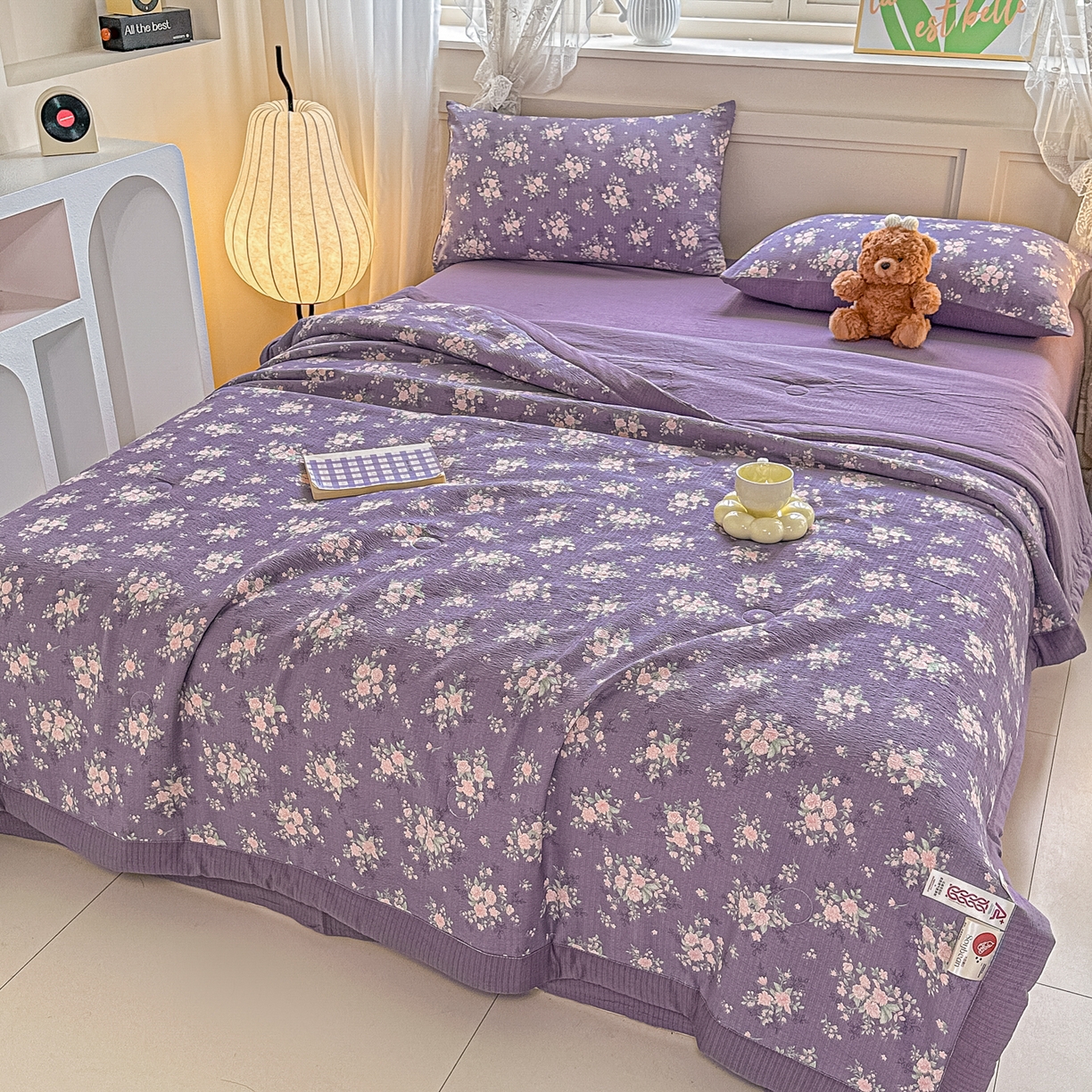 91家纺网 家纺一手货源 找家纺 秋泽家纺 2026新款A类云感双层纱大豆纤维夏凉被空调被小清新印花夏被 紫雾蔷薇