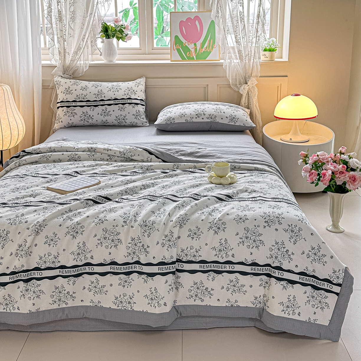 91家纺网 家纺一手货源 找家纺 秋泽家纺 2026新款A类云感双层纱大豆纤维夏凉被空调被小清新印花夏被 墨染春枝