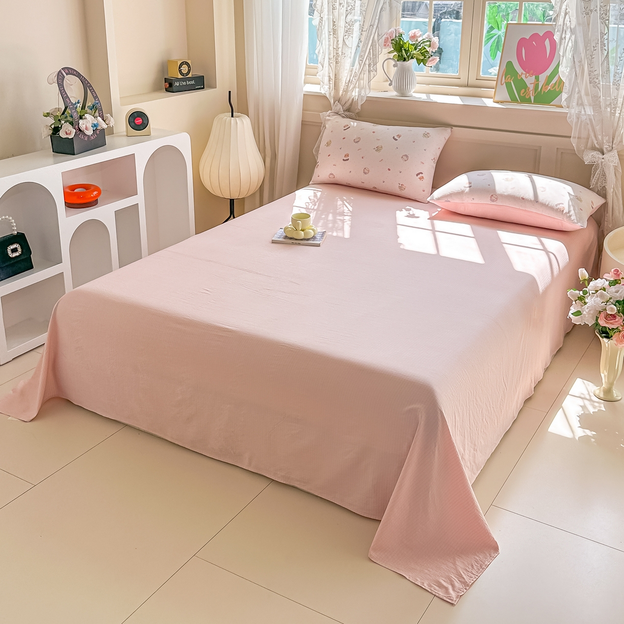 91家纺网 家纺一手货源 找家纺 秋泽家纺 2026新款A类云感双层纱大豆纤维夏凉被空调被小清新印花夏被 奶糯粉喵