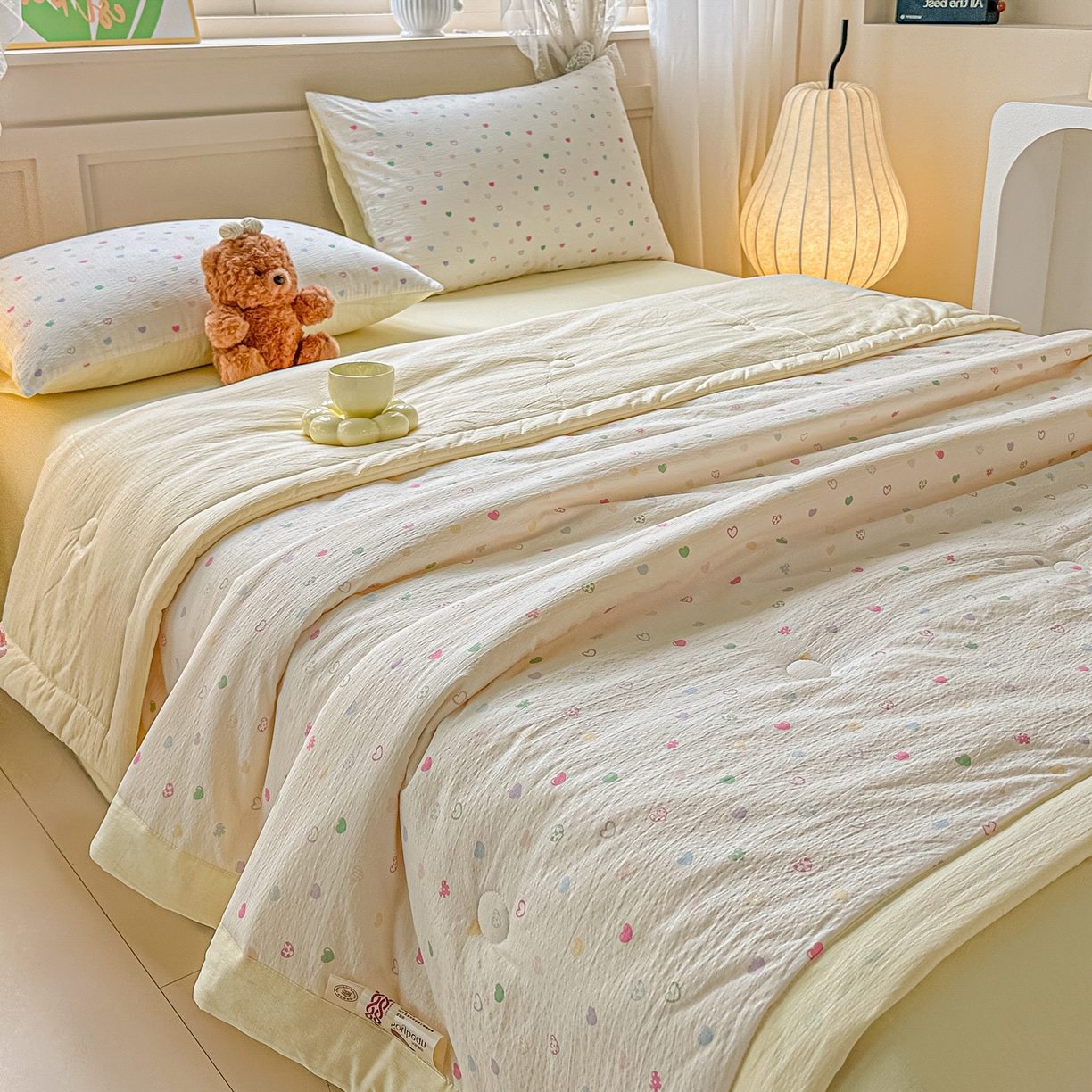 91家纺网 家纺一手货源 找家纺 秋泽家纺 2026新款A类云感双层纱大豆纤维夏凉被空调被小清新印花夏被 甜梦奶心