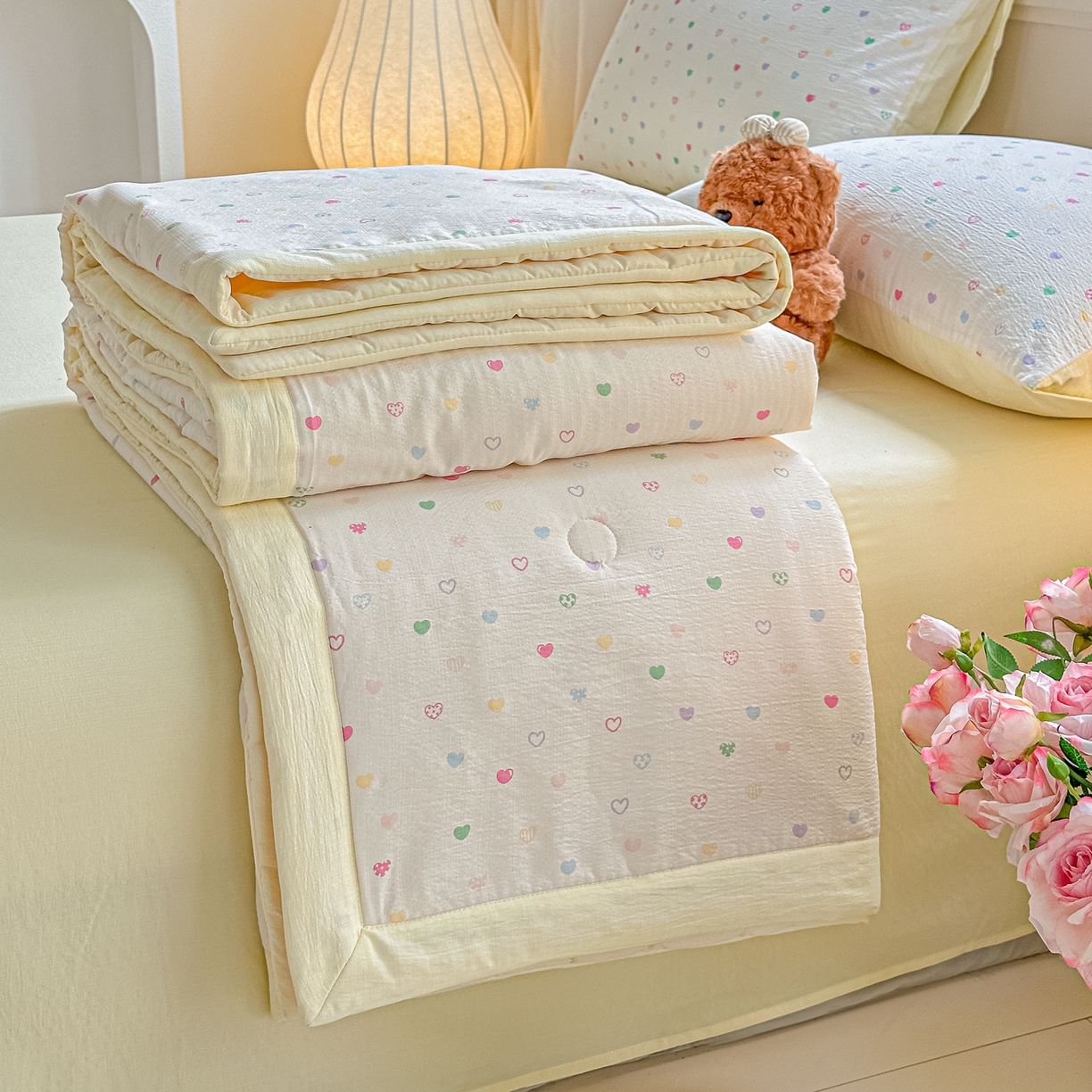 91家纺网 家纺一手货源 找家纺 秋泽家纺 2026新款A类云感双层纱大豆纤维夏凉被空调被小清新印花夏被 甜梦奶心