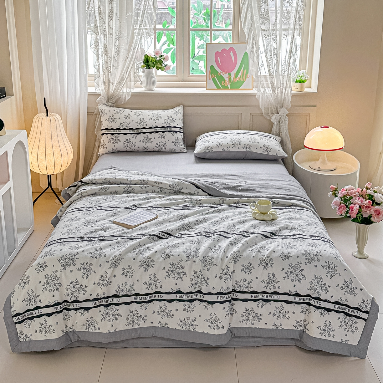 91家纺网 家纺一手货源 找家纺 秋泽家纺 2026新款A类云感双层纱大豆纤维夏凉被空调被小清新印花夏被 墨染春枝