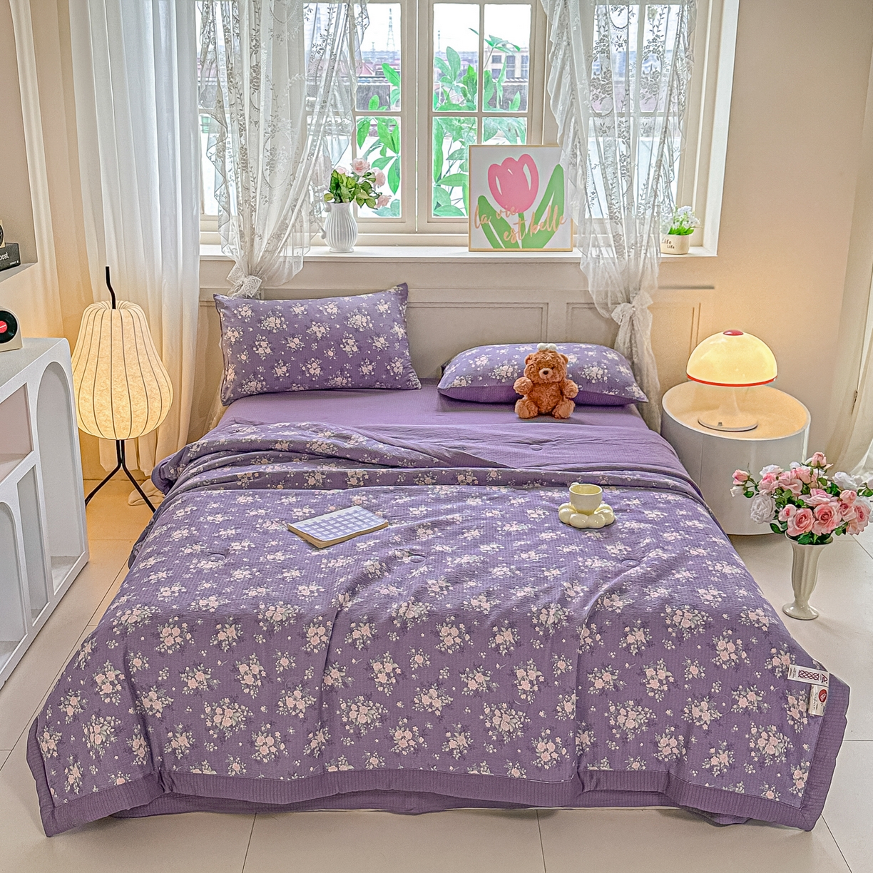 91家纺网 家纺一手货源 找家纺 秋泽家纺 2026新款A类云感双层纱大豆纤维夏凉被空调被小清新印花夏被 紫雾蔷薇