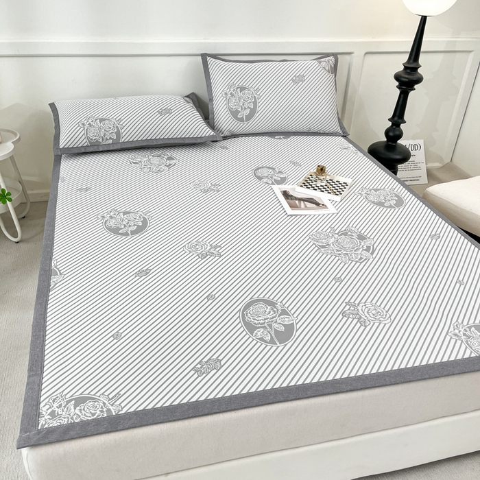 91家纺网 家纺一手货源 找家纺 子曰 2026新款高分子PE聚乙烯乙纶色织提花凉感软凉席席子 玫瑰-灰平铺款