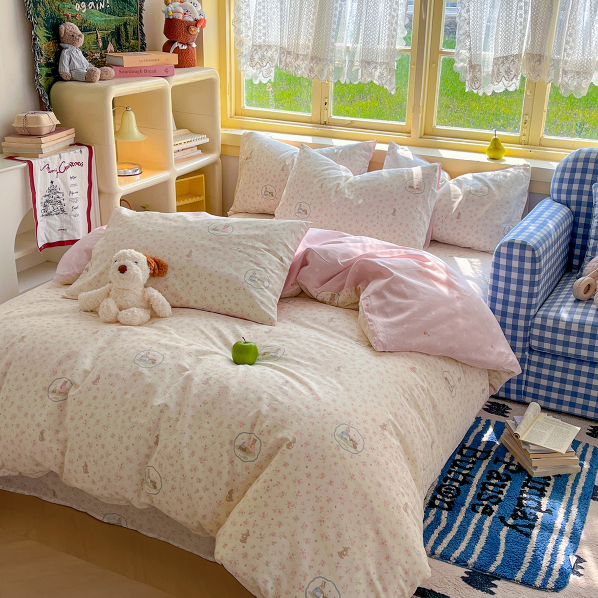 91家纺网 家纺一手货源 找家纺 简约家纺 2026新款全棉斜纹12868床笠系列 粉色花园兔-粉