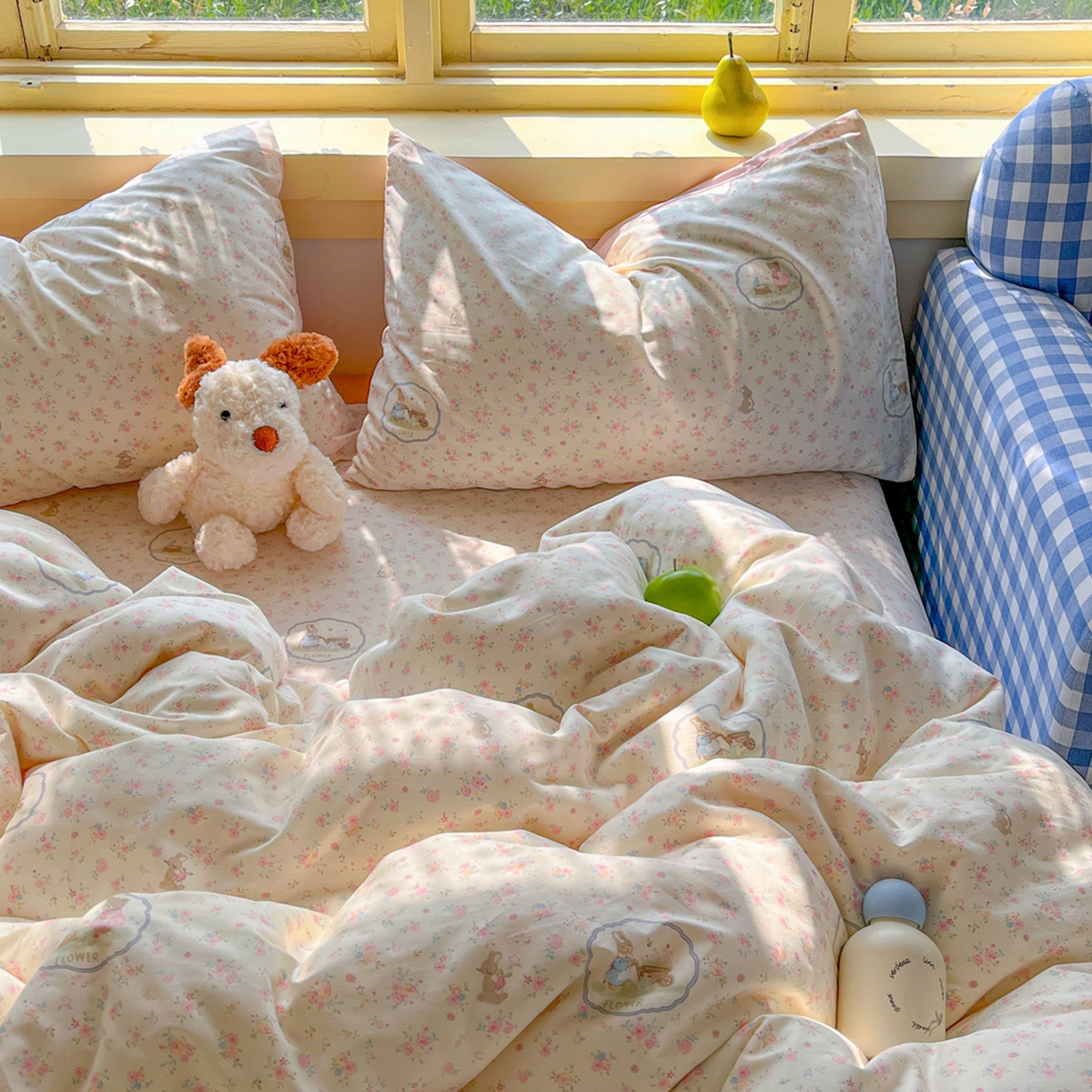 91家纺网 家纺一手货源 找家纺 简约家纺 2026新款全棉斜纹12868床笠系列 粉色花园兔-粉