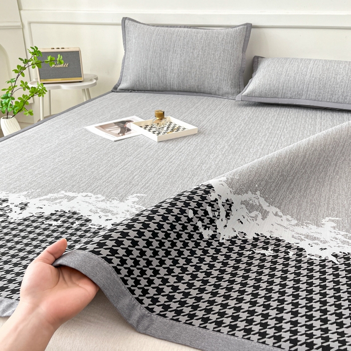 91家纺网 家纺一手货源 找家纺 子曰 2026新款高分子PE聚乙烯乙纶色织提花凉感软凉席席子 千鸟格-灰平铺款