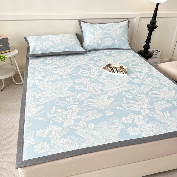 91家纺网 家纺一手货源 找家纺 子曰 2026新款高分子PE聚乙烯乙纶色织提花凉感软凉席席子 叶之恋-蓝平铺款