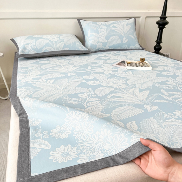 91家纺网 家纺一手货源 找家纺 子曰 2026新款高分子PE聚乙烯乙纶色织提花凉感软凉席席子 叶之恋-蓝平铺款