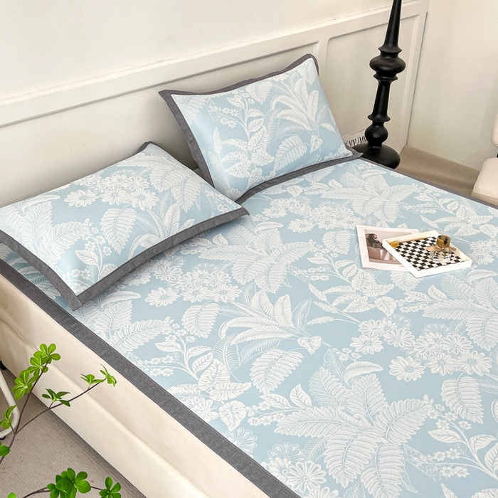 91家纺网 家纺一手货源 找家纺 子曰 2026新款高分子PE聚乙烯乙纶色织提花凉感软凉席席子 叶之恋-蓝平铺款