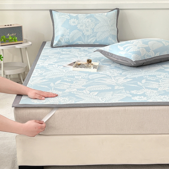 91家纺网 家纺一手货源 找家纺 子曰 2026新款高分子PE聚乙烯乙纶色织提花凉感软凉席席子 叶之恋-蓝平铺款