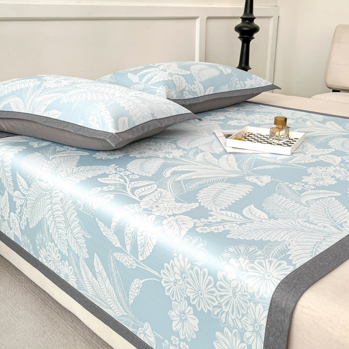 91家纺网 家纺一手货源 找家纺 子曰 2026新款高分子PE聚乙烯乙纶色织提花凉感软凉席席子 叶之恋-蓝平铺款