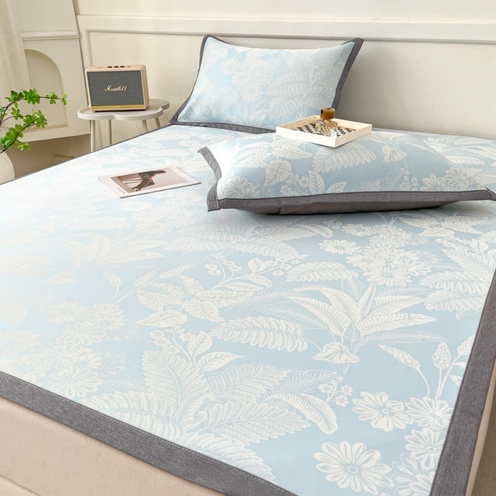 91家纺网 家纺一手货源 找家纺 子曰 2026新款高分子PE聚乙烯乙纶色织提花凉感软凉席席子 叶之恋-蓝平铺款