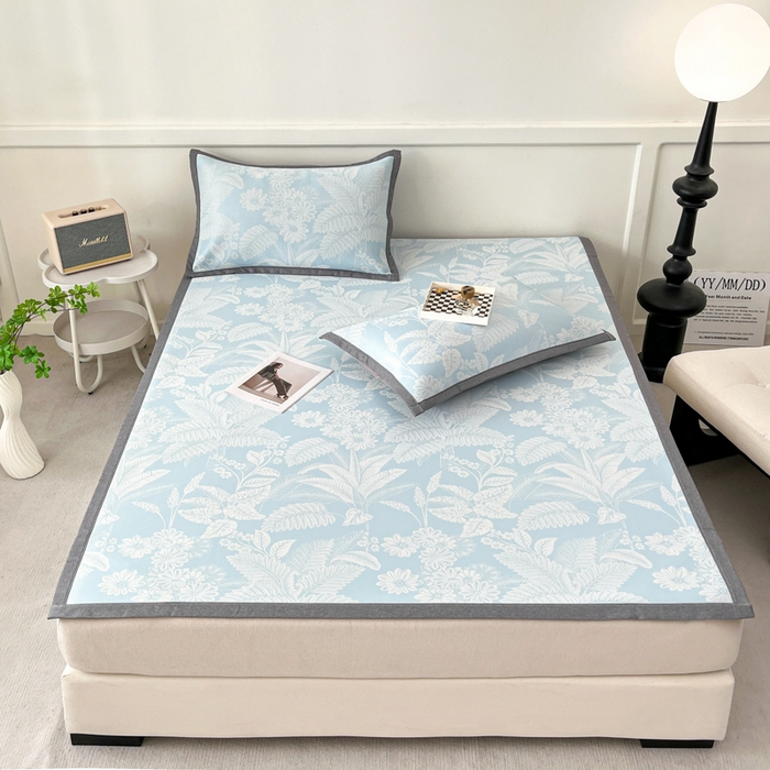 91家纺网 家纺一手货源 找家纺 子曰 2026新款高分子PE聚乙烯乙纶色织提花凉感软凉席席子 叶之恋-蓝平铺款