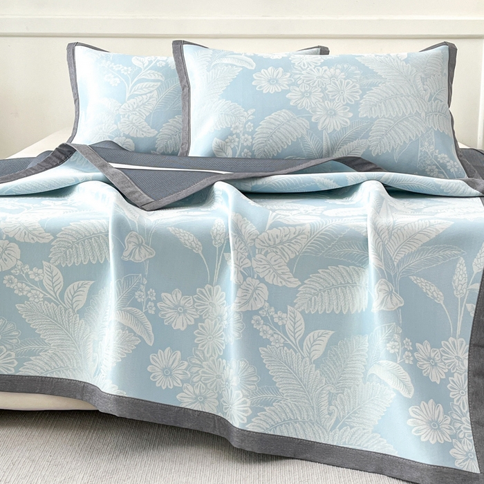 91家纺网 家纺一手货源 找家纺 子曰 2026新款高分子PE聚乙烯乙纶色织提花凉感软凉席席子 叶之恋-蓝平铺款