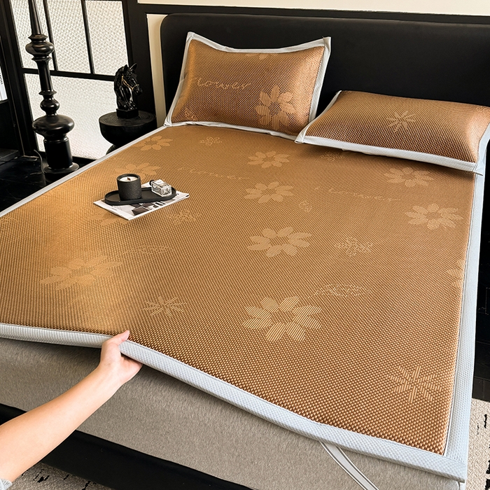 91家纺网 家纺一手货源 找家纺 卡罗兰 2026新款床垫凉席冰藤提花凉席席子双面可用床单单件三件套 冰藤提花-深咖