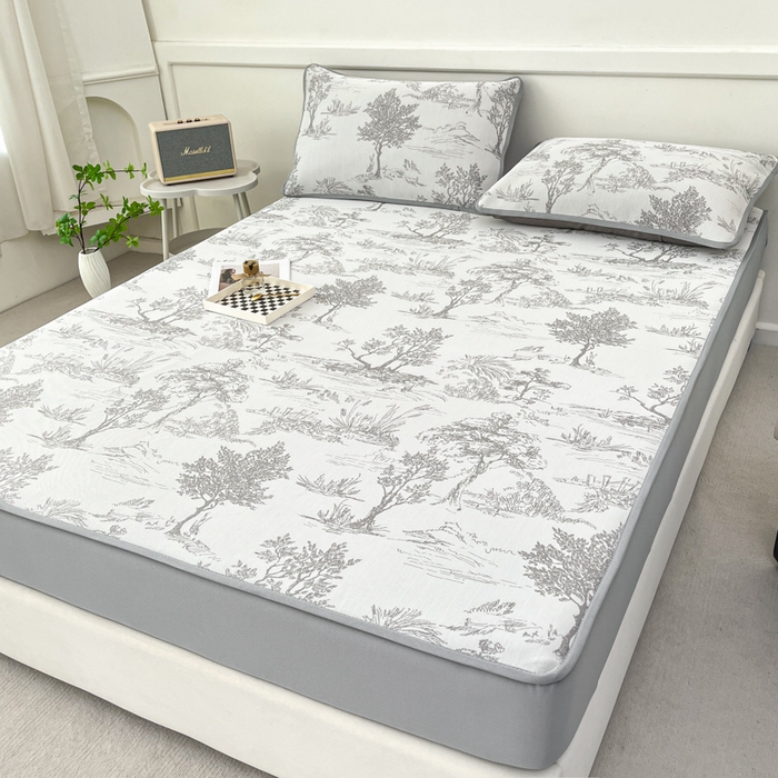 91家纺网 家纺一手货源 找家纺 子曰 2026新款高分子PE聚乙烯乙纶色织提花凉感软凉席席子 秘境-灰床笠款