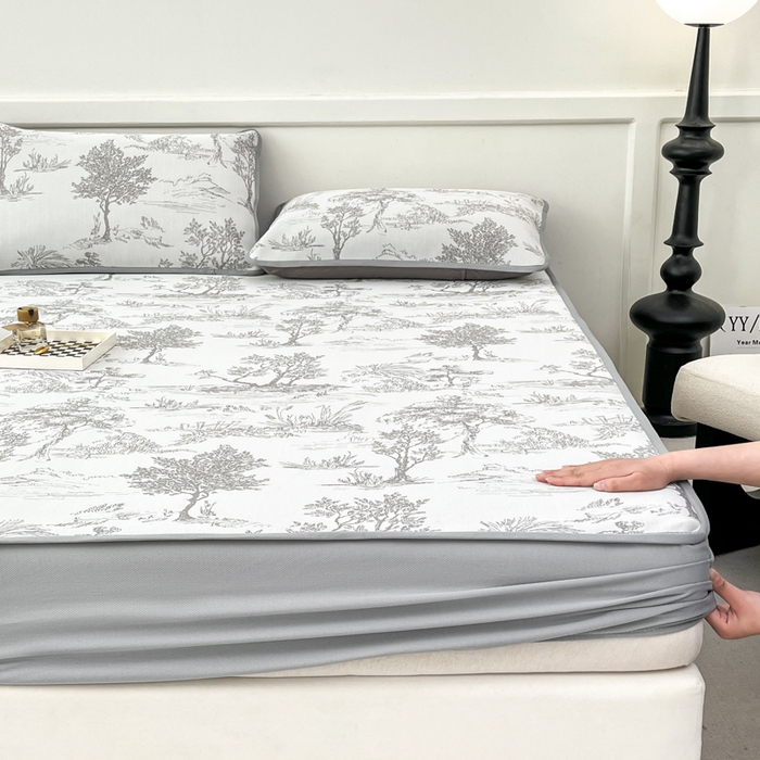 91家纺网 家纺一手货源 找家纺 子曰 2026新款高分子PE聚乙烯乙纶色织提花凉感软凉席席子 秘境-灰床笠款