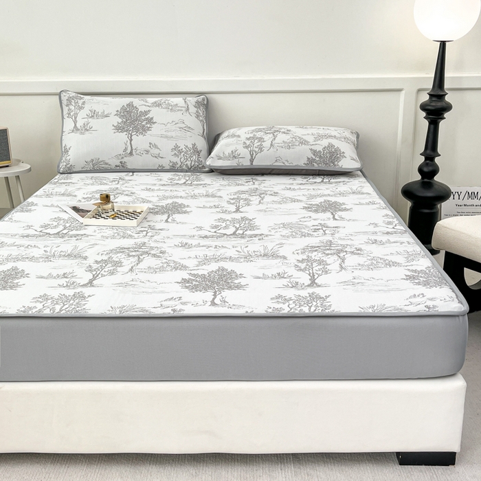 91家纺网 家纺一手货源 找家纺 子曰 2026新款高分子PE聚乙烯乙纶色织提花凉感软凉席席子 秘境-灰床笠款