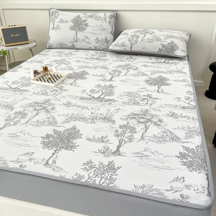 91家纺网 家纺一手货源 找家纺 子曰 2026新款高分子PE聚乙烯乙纶色织提花凉感软凉席席子 秘境-灰床笠款