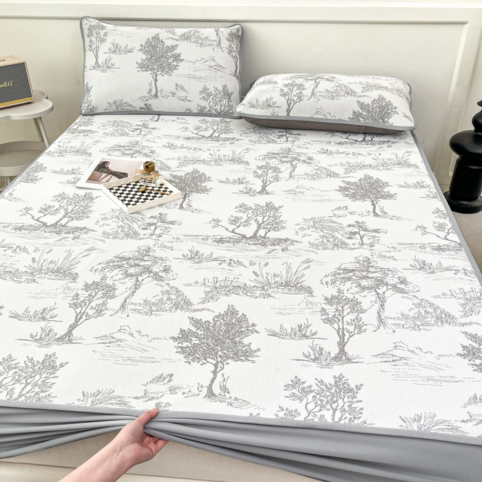 91家纺网 家纺一手货源 找家纺 子曰 2026新款高分子PE聚乙烯乙纶色织提花凉感软凉席席子 秘境-灰床笠款