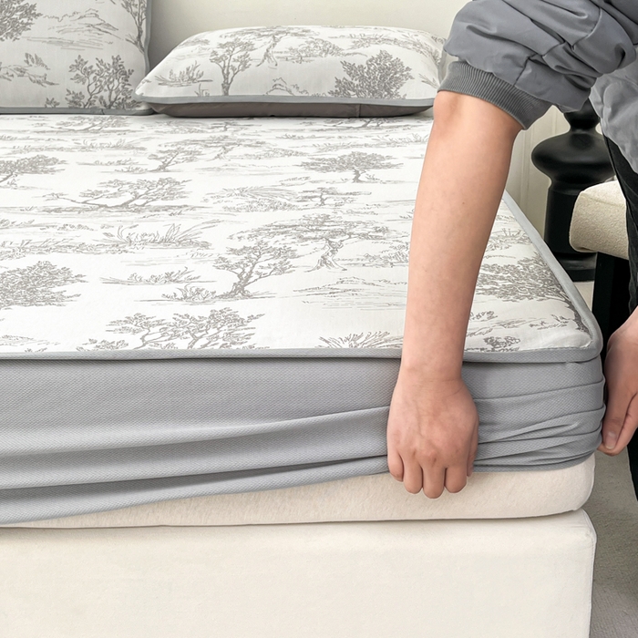 91家纺网 家纺一手货源 找家纺 子曰 2026新款高分子PE聚乙烯乙纶色织提花凉感软凉席席子 秘境-灰床笠款