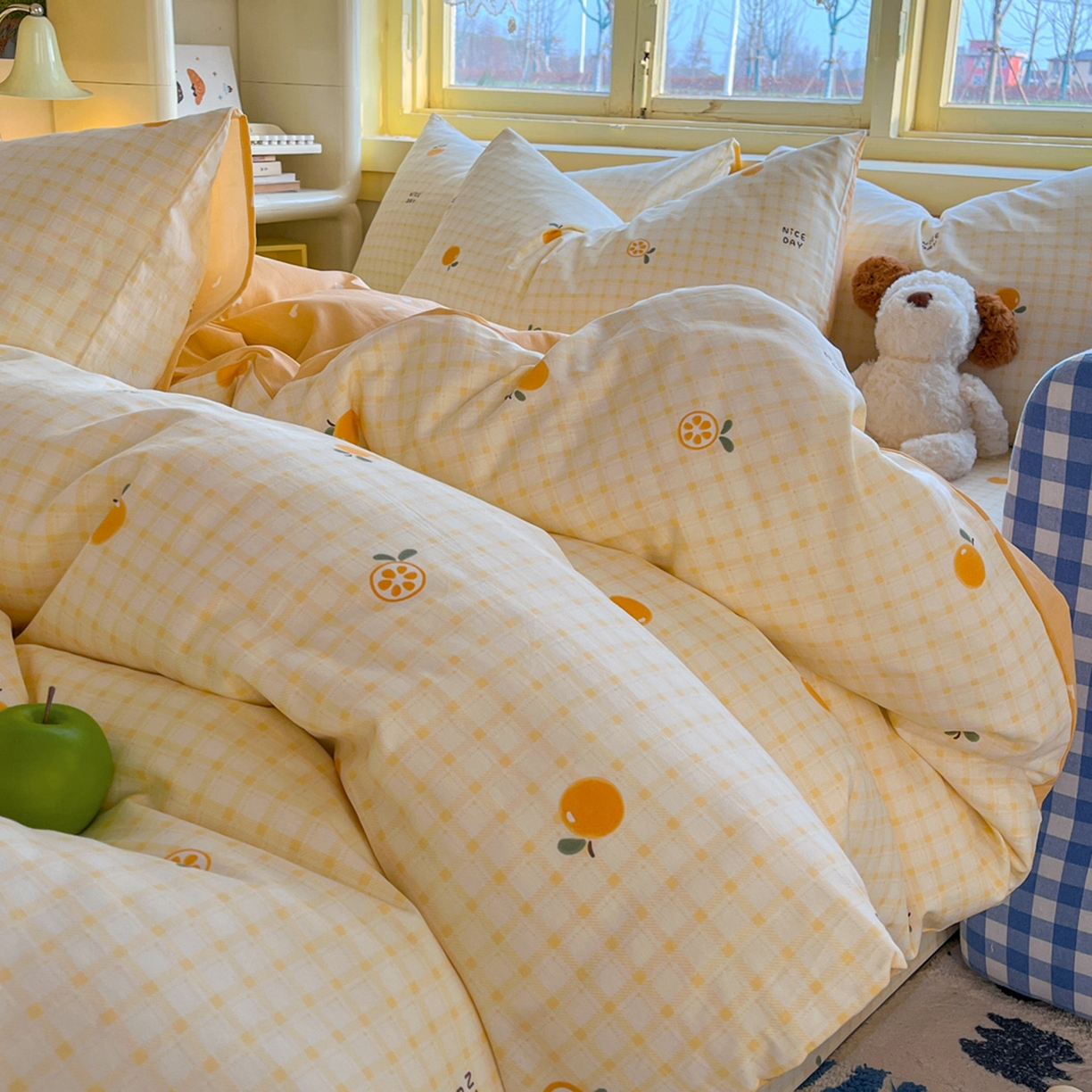 91家纺网 家纺一手货源 找家纺 简约家纺 2026新款全棉斜纹12868床笠系列 橘子格