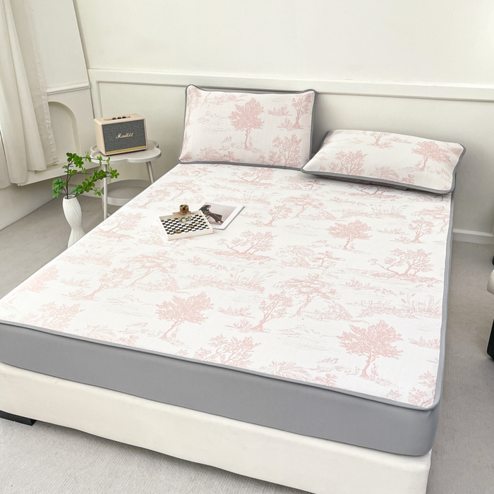 91家纺网 家纺一手货源 找家纺 子曰 2026新款高分子PE聚乙烯乙纶色织提花凉感软凉席席子 秘境-粉床笠款