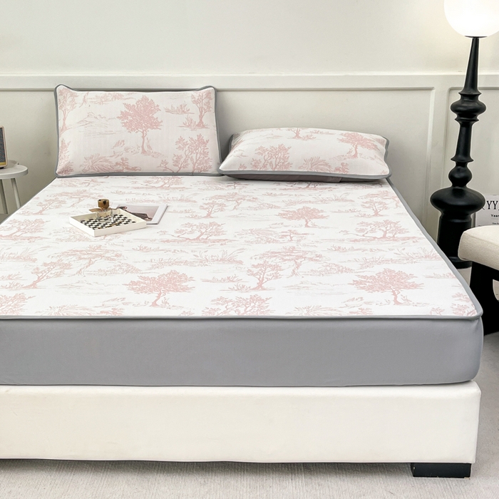 91家纺网 家纺一手货源 找家纺 子曰 2026新款高分子PE聚乙烯乙纶色织提花凉感软凉席席子 秘境-粉床笠款